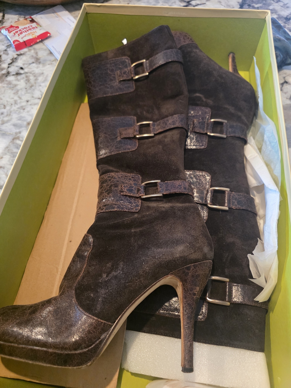 Max Studio Suede and Brown Trim Mid-Calf Heeled Boots
